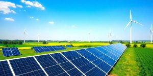 Peisaj cu panouri solare și turbine eoliene.