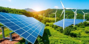 Tehnologii de energie regenerabilă în peisaj verde.