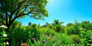 Peisaj verde cu plante și flori sub un cer senin.