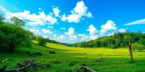 Peisaj natural cu copaci uscați și cer senin.