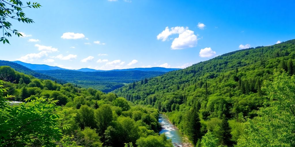 Peisaj natural cu păduri verzi și un râu limpede.