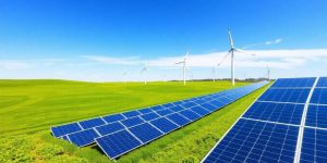 Panou solar și turbine eoliene într-un peisaj verde.