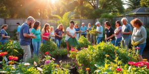 Grădină comunitară plină de plante și voluntari.