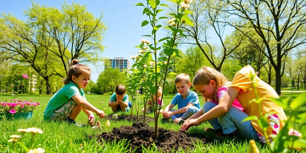 Copii plantând copaci într-un parc verde și florile.