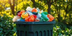 Containere de reciclare pline și plante verzi în jur.