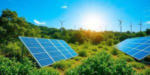 Peisaj verde cu panouri solare și turbine eoliene.