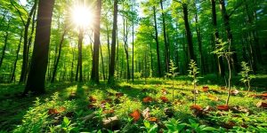 Pădure tânără din România, cu copaci înverziți.