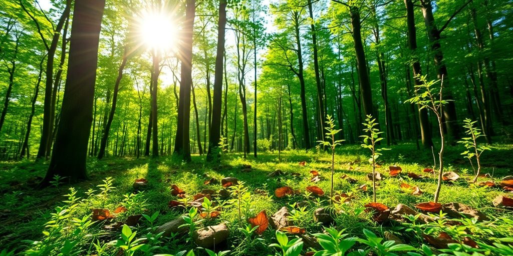 Pădure tânără din România, cu copaci înverziți.
