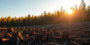 Pădure tăiată, cioturi, copaci verzi, răsărit, natură