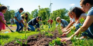 Grup de oameni plantează copaci tineri într-un parc verde.