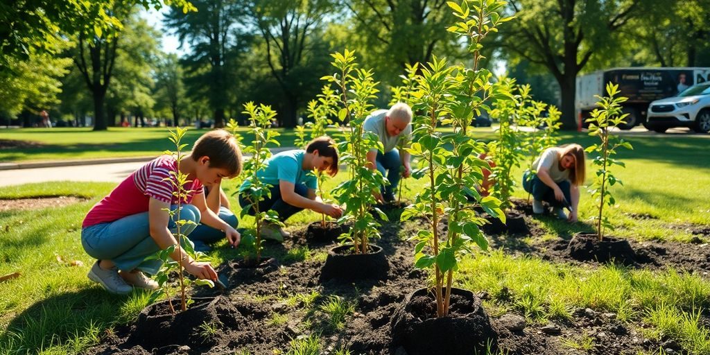 Oamenii plantează copaci într-un parc însorit.