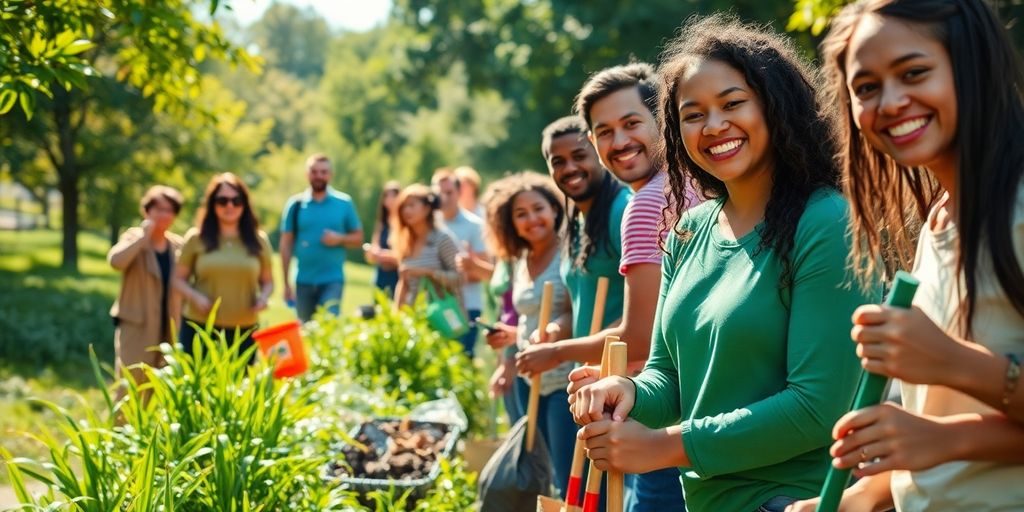 Oameni zâmbitori participând la o acțiune de ecologizare a unui parc.