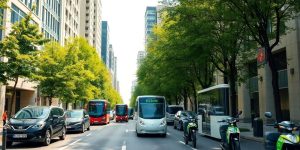 Vehicule electrice moderne circulând pe o stradă urbană pitorească.