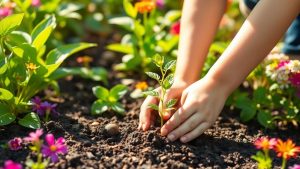 Copilul plantează un copăcel în grădină.