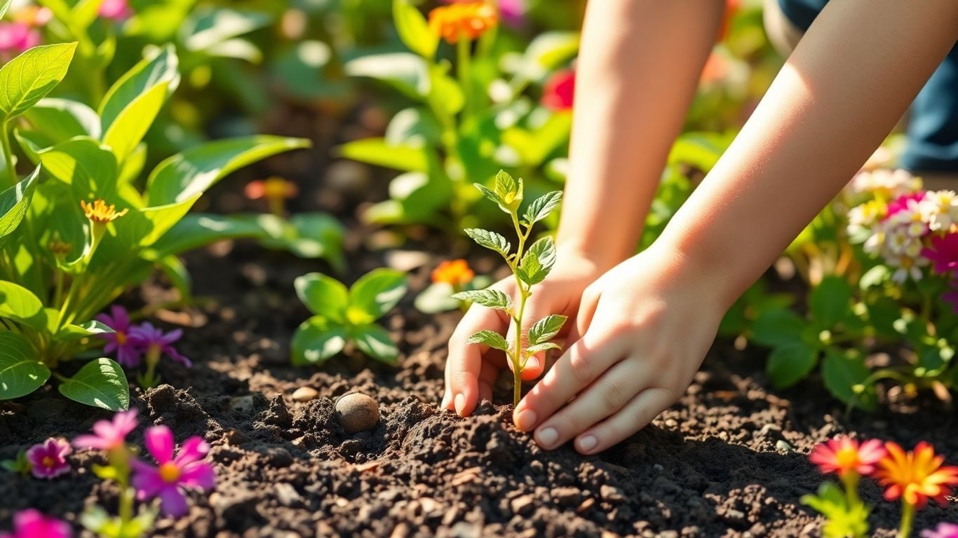 Copilul plantează un copăcel în grădină.