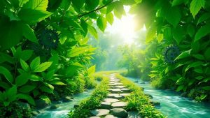 Peisaj verde cu elemente interconectate, simbolizând sustenabilitatea.