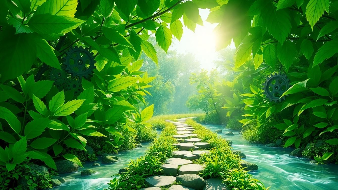 Peisaj verde cu elemente interconectate, simbolizând sustenabilitatea.