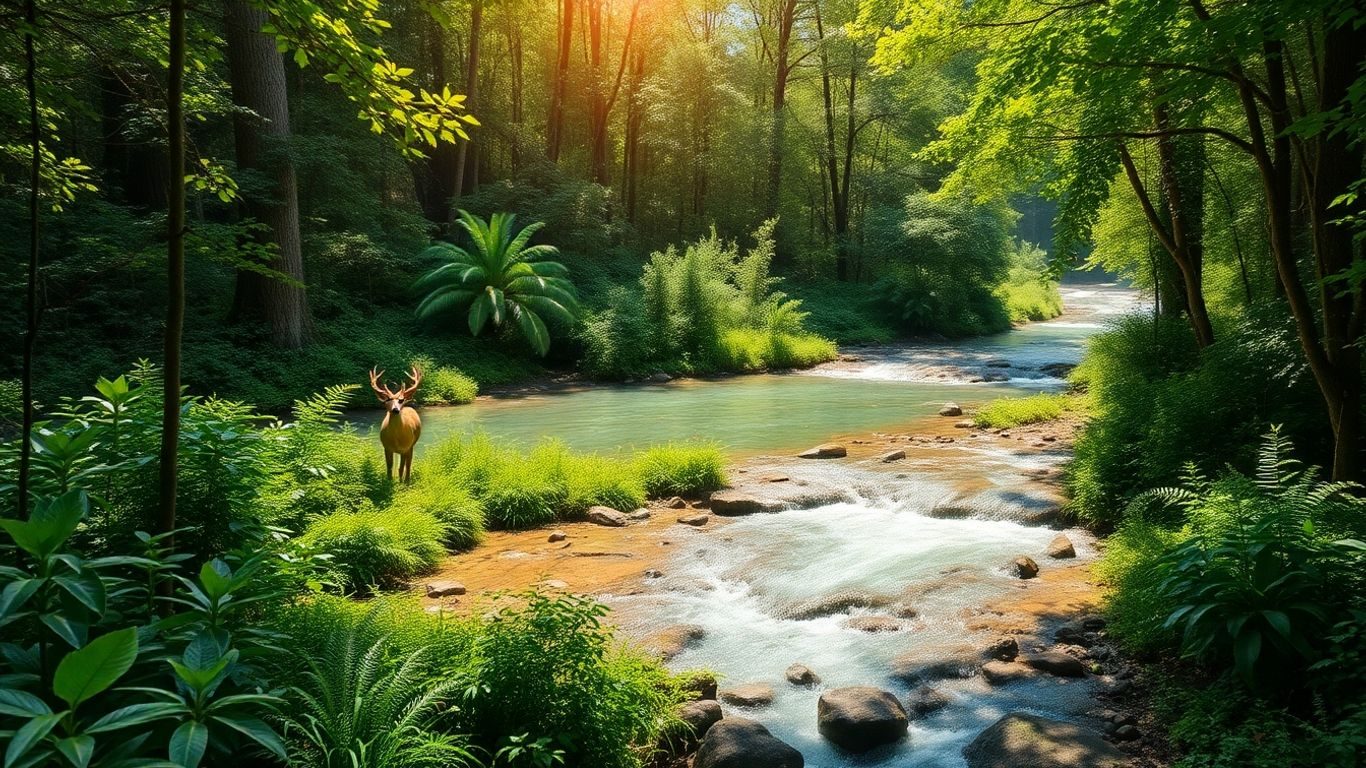 Pădure verde, apă curată și animale sălbatice fericite