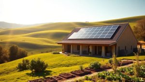 Fermă ecologică modernă în peisaj rural verde.